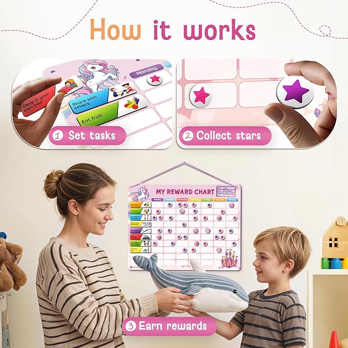 Magnetic Reward Chart for Kids with 280 Magnets - Behavior Chart for Kids at Home - Responsibility Reward Chart - Chore Chart - Visual Schedule - Ideal for Ages 3-9, Autism, ADHD - Pink
