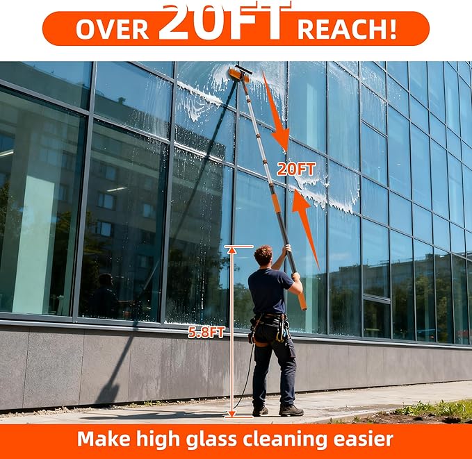 26FT High Window Cleaning Kit with Pole, 2-in-1 Window Squeegee with 5-20 FT Telescoping Extension Pole - Professional Window Washing Kit with Long Handle, Multi-Use Cleaning Tool for High Windows