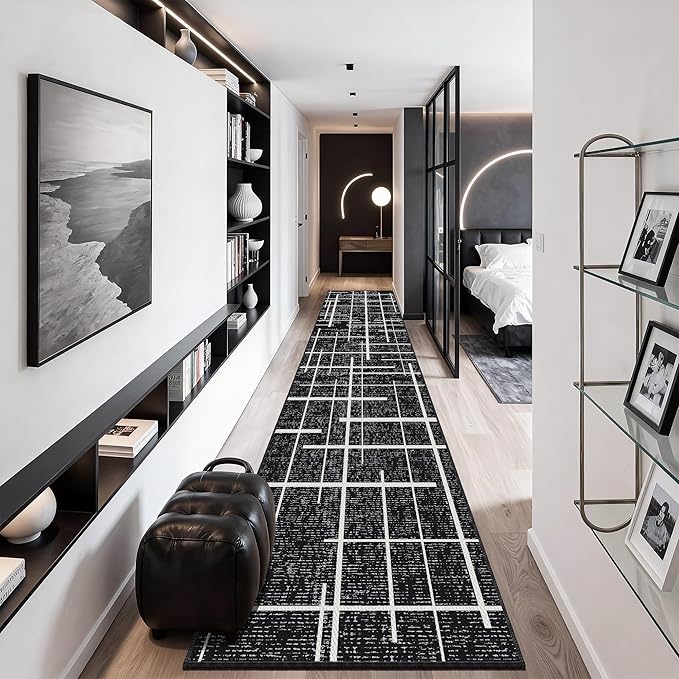 Non Slip Hallway Runner Rug 2.6x12, Modern Distressed Stripe, Washable Extra Long Rug, Woven Thin Low Pile Carpet Runners for Hallway 12ft Entryway, Kitchen, Walkway- Midnight Black