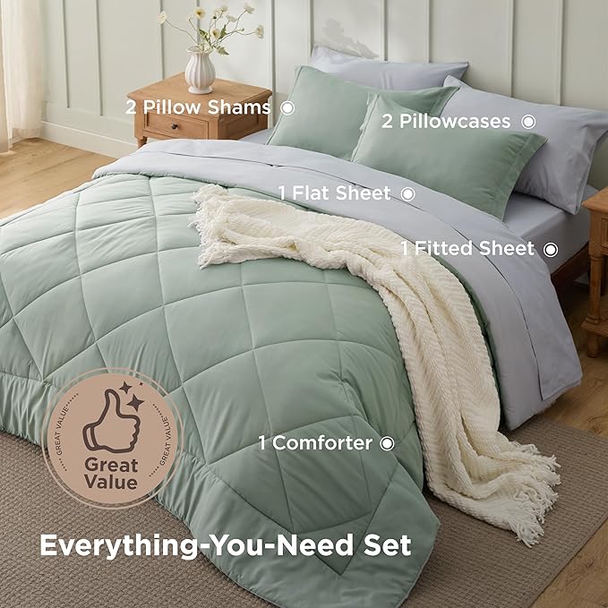 Bedsure Full Size Comforter Set - 7 Pieces Reversible Sage Green Bedding, Full Size Bed Set for All Seasons, Bed in a Bag with Down Alternative Comforter, Sheets, Pillowcases & Shams