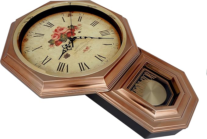 JUSTIME Traditional Schoolhouse Classic Vintage Rose Regulator Wall Clock, Chiming Wall Clocks with Pendulum & Westminster Chime Hourly, Schoolhouse Wall Decor Battery Operated (Vintage Copper)