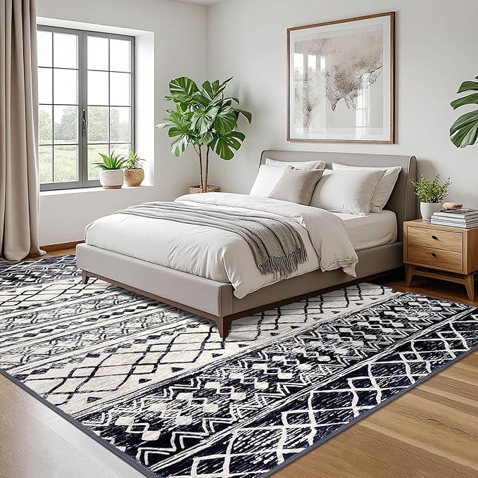 KUTA Moroccan Area Rugs 9x12 Living Room Black Navy Blue, Large Washable Boho Rug Non-Slip, Ultra Soft Geometric Tribal Traditional Farmhouse Carpet for Dining Bedroom Dorm Office Home