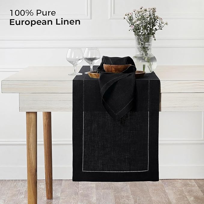 D'Moksha Homes Linen Black Table Runner 72 Inches Long - 100% Pure Linen Hemstitch Table Runner 14 x 72 Inch for Dresser, Dining, Spring, Easter - Classic Hemstitch