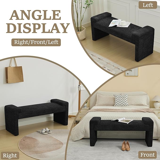 43" End of Bed Bench Upholstered Modern Bedroom Bench for Living Room & Entryway, Easy Assembly, Footrest Ottoman Accent Window Bench with Solid Wood Frame & Curved Arm, Black