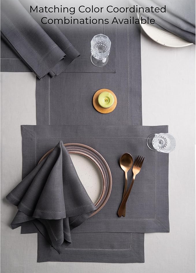 D'Moksha Homes Linen Charcoal Grey Table Runner 90 Inches Long - Classic Hemstitch 100% Pure Linen Dining Table Runner 14 x 90 Inch for Spring, Easter