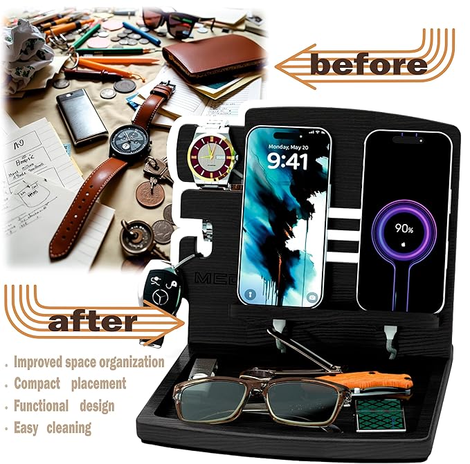 MED Wood Phone Docking Station – Nightstand Desk Organizer for Phone, Watch, Wallet & Tablet – Gift for Men, Husband, Dad & Women – Wooden Charging Stand (Black, Model 1)