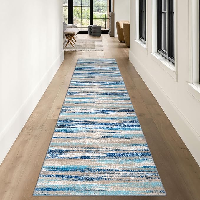 Modern Abstract Runner Rug 3x10, Blue Washable Kitchen Runner Non-Slip Soft Hallway Rug Runner Thin Print Faux Wool Carpet for Entryway Bedroom Laundry Room Indoor Home Office Decor