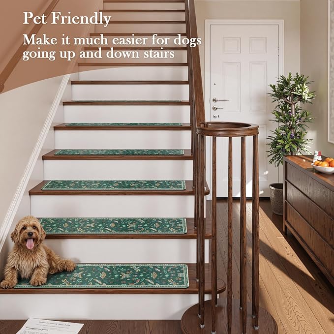 OJIA Insect Print Stair Treads Non Slip 15PCS, 8"x30" Stair Runner for Wooden Steps Indoor, Rubber Stair Mats Residue-Free Staircase Step Treads for Kids, Elders, Pets, Dark Green