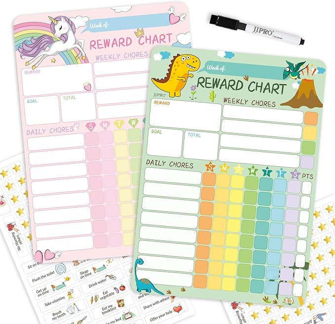 Magnetic Dry Erase Chore Chart for Two Kids, Reward Chart for Kids Behavior. Includes 52 Static Tasks, 126 Golden Stars and Dinosaur & Unicorn Magnetic Charts Each