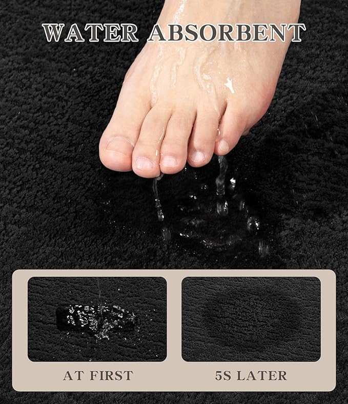 chakme 2 Piece Bathroom Rug Set, Ultra Thin Bath Mat, Quick Dry, Absorbent, Non Slip, Machine Washable, Black, 17" x 24"