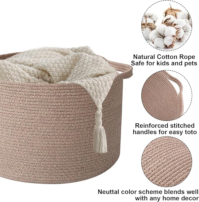 Large Storage Basket with Handle,19.7" L x 19.7" W x 13" H Blanket Basket Storage Bins for Organizing,65L Cotton Rope Woven Baskets for Living Room, Nursery ,Bedroom,Brown