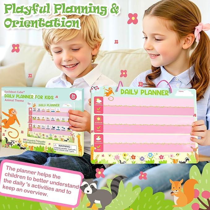Daily Planner for Kids - Magnetic Behavior Board Calendar with 195 Magnets, Storage Bag, Cord & Pen - Daily Routine and Chore Chart - Visual Schedule for Kids 3+ Year Old (Animal Theme)