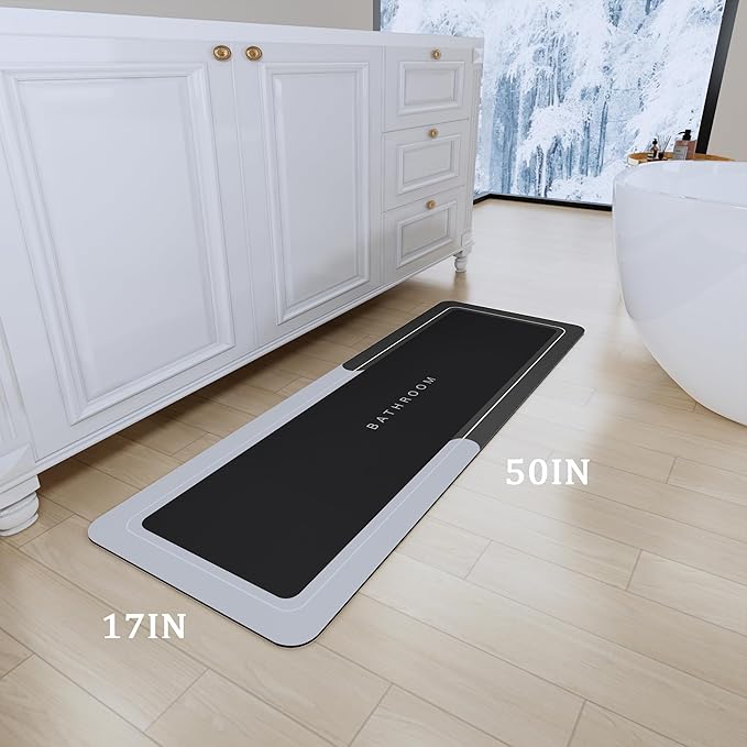 Bath Mat, Super Absorbent Non Slip Quick Dry Thin Rubber Mats for Bathroom Floor, Fit Under Door, Shower Rug for Bathtub, Dark Grey