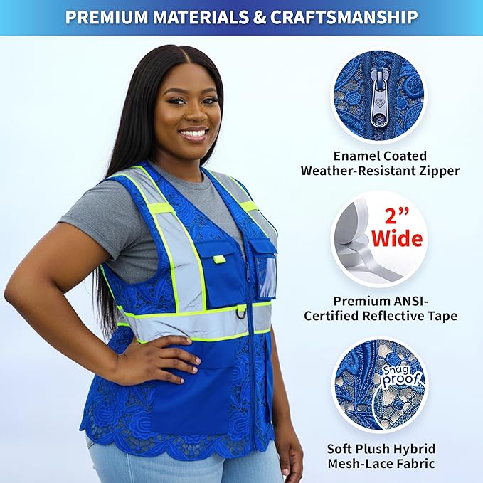 Lace-Mesh Safety Vest for Women & Men - Breathable, High Visibility Vest with Zipper & ANSI Class 2 Reflective Strips
