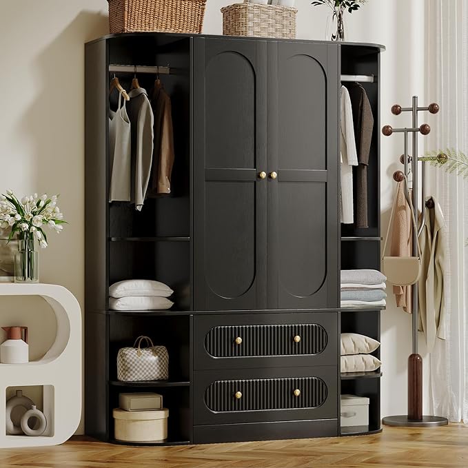 69” Fluted Large Capacity Storage Wardrobe Armoire, Wardrobe Armoire Wooden Closet with 2 Doors, 3 Hanging Rod Shelves, 2 Drawers & 6 Display Shelves, Bedroom Clothing Storage Cabinet Black