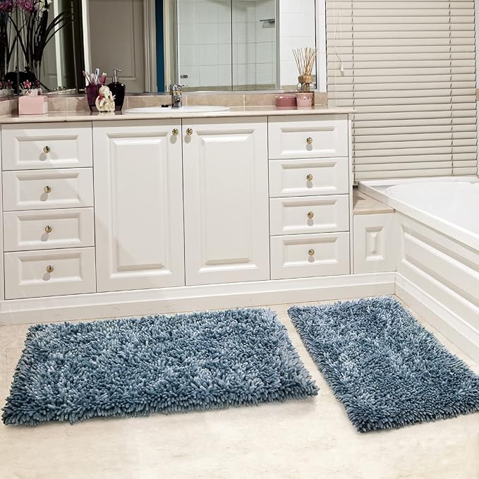 Yimobra Bathroom Rug Set 2 Piece, Luxury Shaggy Bath Mat Set with Non Slip Backing, Ultra Soft & Absorbent Mats for Bathroom Floor, Machine Washable, 44"x24"+24"x17", Light Blue