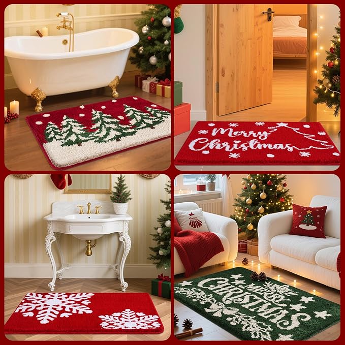 Christmas Bathroom Rug 36"x24", Extra Soft Absorbent Microfiber Thick Plush Fluffy Bathroom Rugs, Non-Slip Backing, Machine Washable Bath Rugs, Holiday Xmas Decor Indoor Bath Mats, White, Xmas Bell