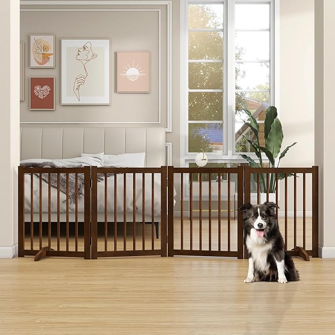 Solid Wood Freestanding Pet Gate - 4 Panels 24" - Folding Safety Fence with 2 Support Feet - Ideal for Stairs, Doorways, Halls, Kitchens - Indoor Wooden Dog Gate - Walnut Color
