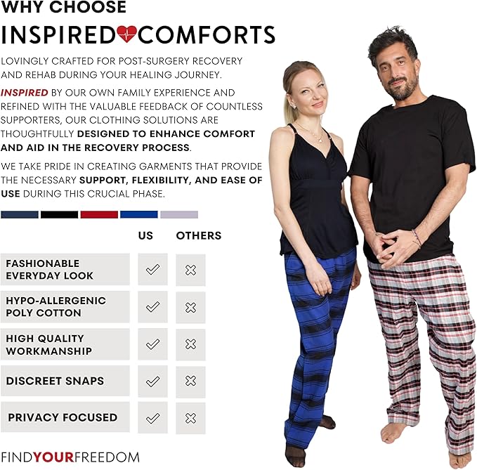 Inspired Comforts Unisex Tearaway Post Surgery Recovery Pajama Pants with Side Snaps & Pockets
