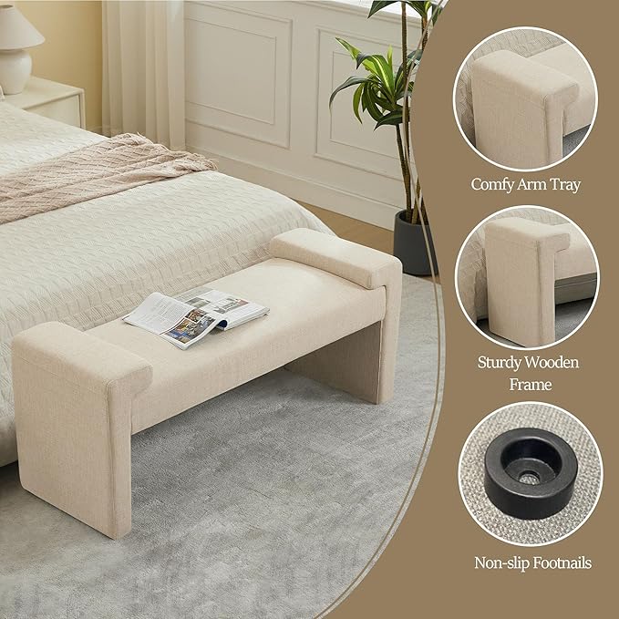 43" Linen End of Bed Bench Upholstered Modern Bedroom Bench for Living Room & Entryway, Easy Assembly, Footrest Ottoman Accent Window Bench with Solid Wood Frame & Curved Arm, Tan