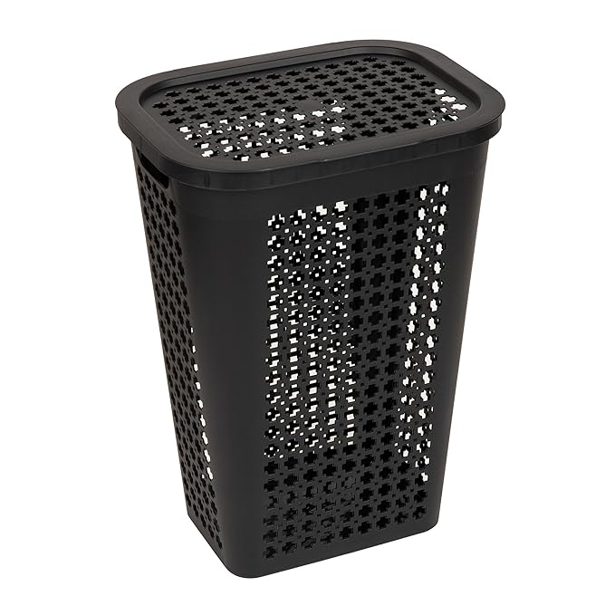 Mind Reader Slim Tapered Laundry Hamper with Lid, Clothes Basket with Swiss Cross Cut-Outs, Lightweight & Ventilated, Plastic, 16.75"L x 12.75"W x 23"H, Black