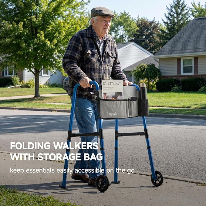Folding Walker for Seniors, Front Wheel Walker with Storage Bag & Rear Ski Glides, Height Adjustable, 350lbs Capacity, Blue