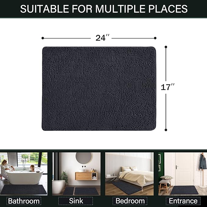 LOCHAS Luxury Bathroom Rug Shaggy Bath Mat 24 x 17 Inch, Washable Non Slip Bath Rugs for Bathroom Shower, Soft Plush Chenille Absorbent Carpets Mats, Dark Grey