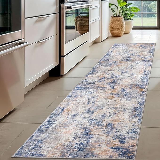 Modern Abstract Hallway Runner Rug, Grey Blue Orange Multi 2x8 Runner Rug, Washable Kitchen Runner Non-Slip Soft Thin Print Faux Wool Carpet for Entryway Bedroom Laundry Room Indoor