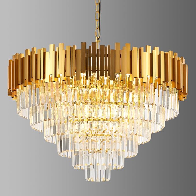 18-Lights 6 Tiers Gold Crystal Chandeliers Luxury 31.5" Modern Crystal Pendant Chandelier Round Hanging Lighting for Living Room Foyer High Ceiling Bedroom Restaurant