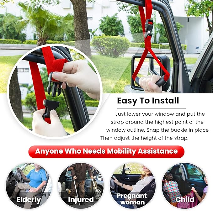E-cowlboy Auto Cane Grab Handle Adjustable Standing Aid Safety Support Bar Nylon Grip Mobility Assist Device (Red 2 Pack)