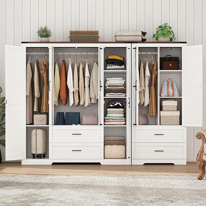 6 Doors Wardrobe Armoire Closet with Doors and Drawers, Farmhouse Wooden Armoire Storage Cabinet with Shelves for Bedroom, White