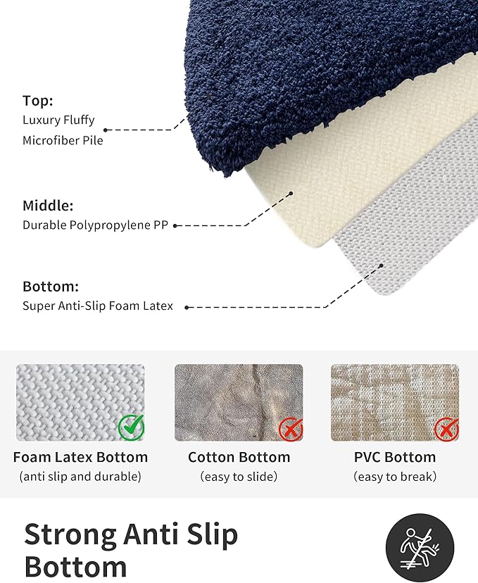 ILANGO Navy Blue Bathroom Rugs 60" × 24" Non Slip & Super Absorbent Thick Soft, Washable Bath Carpet Runner for Floor, Microfiber Plush Shaggy Bath Mats with Rubber for Bedroom Bathtub Shower Room