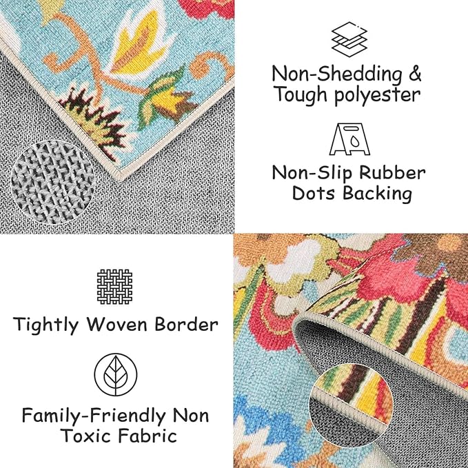 Beeiva Floral Rug Runners for Hallways, 2x5 Ultra Thin Colorful Kitchen Runner Rug Washable, Vintage Plant Non-Shedding Bathroom Front Door Rug Non-Slip Hallway Runner Rug for Entryway Bedroom Kitchen