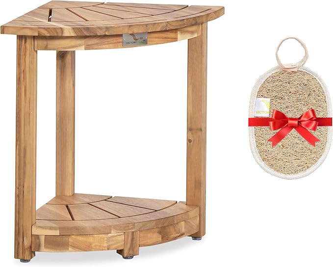 Acacia Wood Corner Shower Stool - Waterproof Triangular Bathroom Bench with Storage Shelf & Soap Dish for Shaving, Light Natural Wood (17.9x12.7x16.5)