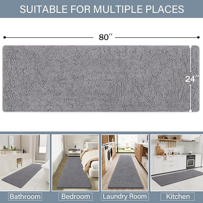 LOCHAS Luxury Bathroom Rug Shaggy Bath Mat 24 x 80 Inch, Washable Non Slip Bath Rugs for Bathroom Shower, Soft Plush Chenille Absorbent Carpets Mats, Grey