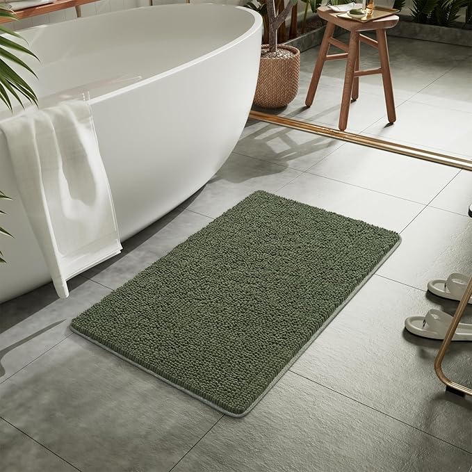 LOCHAS Luxury Bathroom Rug Shaggy Bath Mat 24 x 48 Inch, Washable Non Slip Bath Rugs for Bathroom Shower, Soft Plush Chenille Absorbent Carpets Mats, Olive Green