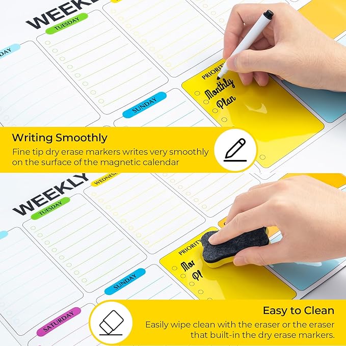 M&G Magnetic Dry Erase Calendar Set for Fridge, 4 Pack Planning Whiteboard with 10 Markers and Eraser, Monthly & Weekly & Daily Chore Chart for Refrigerator Wall Door