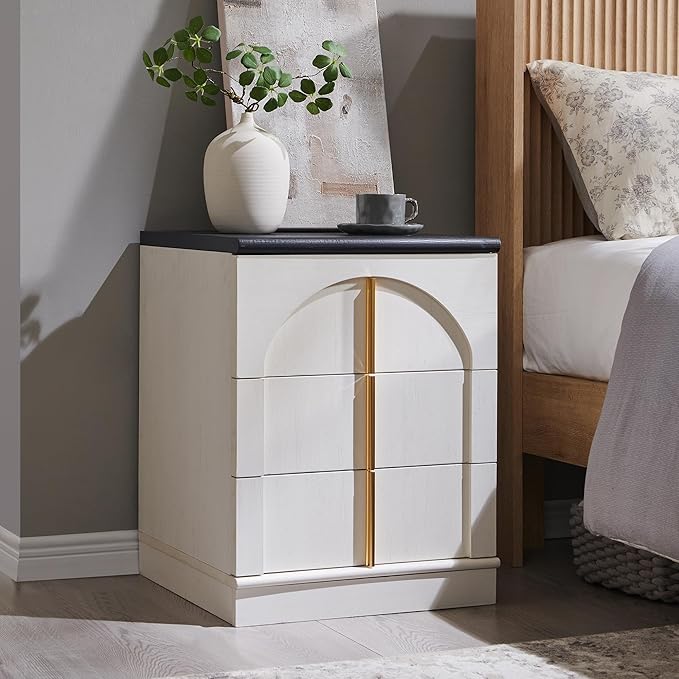 ACCOHOHO Modern Night Stand with Arched Panel, 18" Nightstand with Charging Station, Side Table with 3 Storage Drawers, Wood Square Bedside End Table for Bedroom Living Room, White