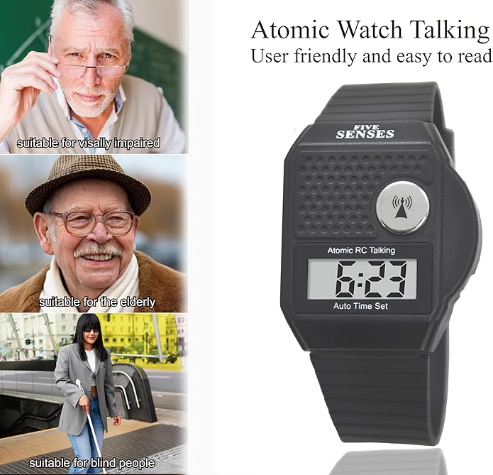 FIVE SENSES - English Atomic Talking Watch, Easy to use for Seniors Blind Men Women, Loud Talking Watch with Sound for Vision Impaired, Watches for Elderly Women, Blind People Products 1026