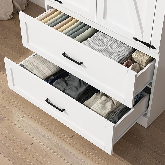 2 Doors Wardrobe Armoire Closet with Doors and Drawers, Farmhouse Wooden Armoire Storage Cabinet with Shelves & Hanging Rod for Bedroom, White