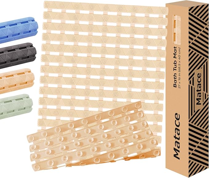 Bathtub Mat Non Slip - for Inside Bath Tub & Shower, Small 27x16 Inch, 180 Strong Suction Cups, Soft Textured Surface, Fast Drain & Quick Dry, Bathroom Safety Mat, Beige, Matace