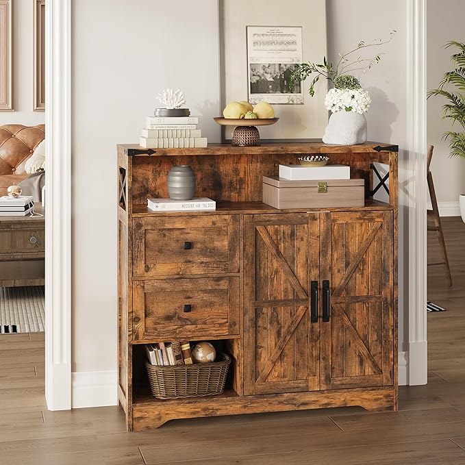 Fameill Farmhouse Storage Cabinet with Drawers and Open Storage,Freestanding Kitchen Pantry with 2 Barn Doors, Floor Cabinet with Adjustable Shelf for Living Room,Brown