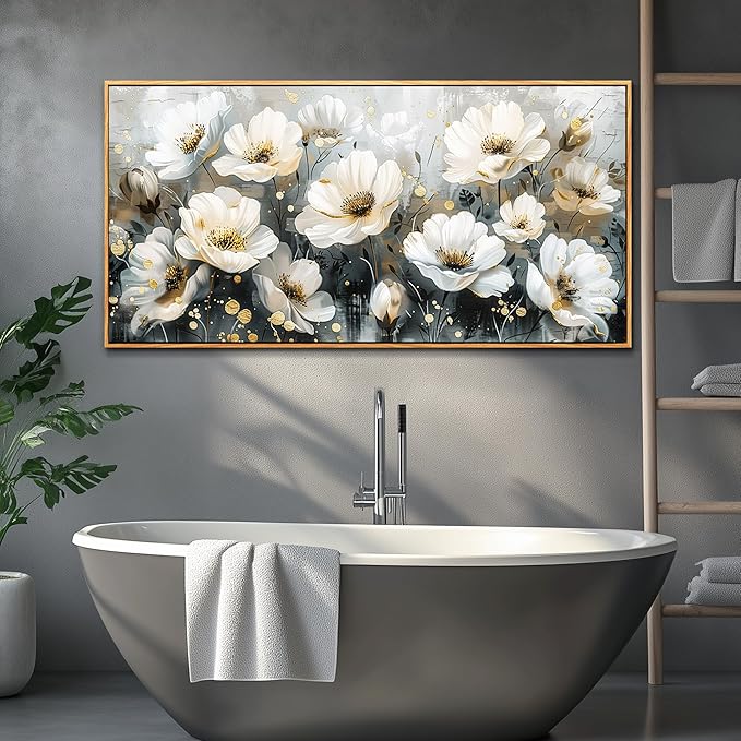 PHAOHUAXM Large Canvas Wall Decor For Living Room Wall Art For Bedroom Office Wall Decorations Print White Ink-Wash Flower-Shaped Wooden Frame Artwork Stretched and Frame Posters Home Decor 24"X48"
