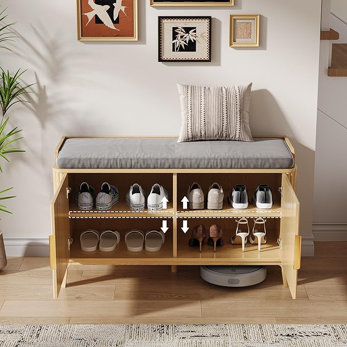 39.4" Fluted Shoe Cabinet Storage with Bench, 2-Tier Entryway Bench with Adjustable Shelves and Detachable Cushioned Seat, Shoe Organizer Bench Cabinet for Entryway, Living Room, Hallway Natural
