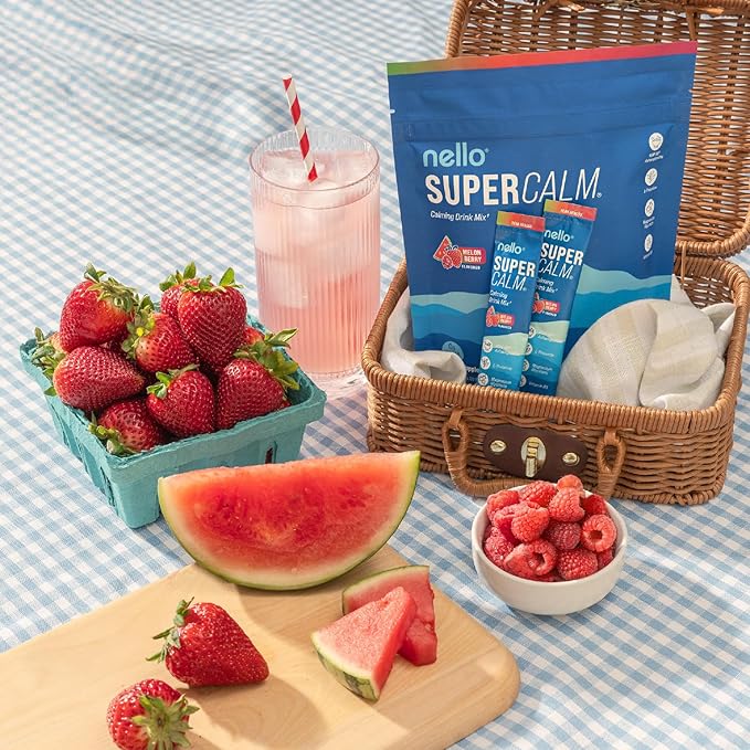 Nello Supercalm Powdered Drink Mix, Cortisol Reducer* and Sleep Aid Supplement, L Theanine, Ksm-66 Ashwagandha, Magnesium Glycinate, Vitamin D 3, No Sugar, Non GMO, On The Go, 20 Ct, Melon Berry