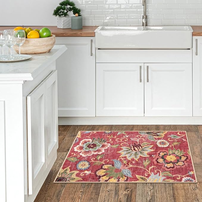 Beeiva Red Kitchen Rugs Non Slip Washable, 2x3 Floral Christmas Kitchen Entry Rug for Entryway Indoor Ultra Thin Small, Vintage Non-Shedding Front Door Mat Indoor Entrance Throw Carpet for Bathroom