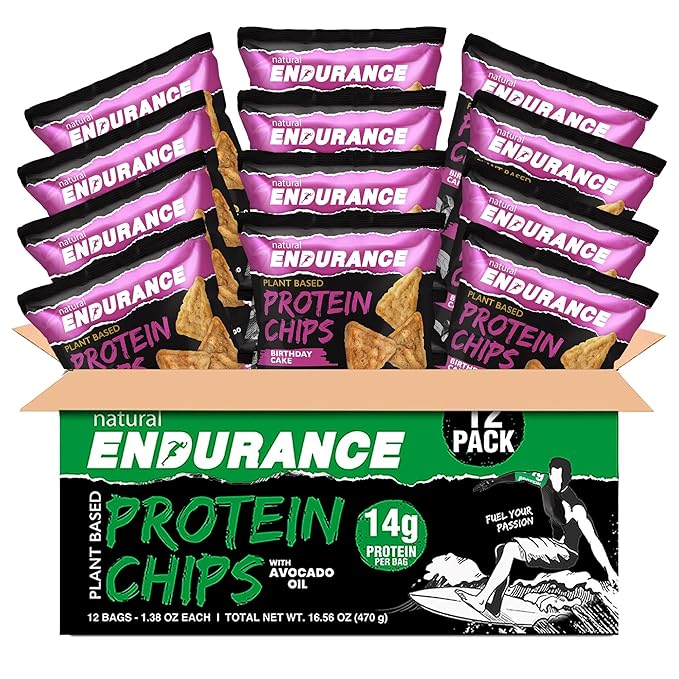 Natural Endurance Protein Chips - Low Carb Chips, High Protein Snack, Vegan Protein with Avocado Oil, 14g Protein Per Bag, Gluten Free, Birthday Cake Flavor - 1.38 oz Bags (Pack of 12)