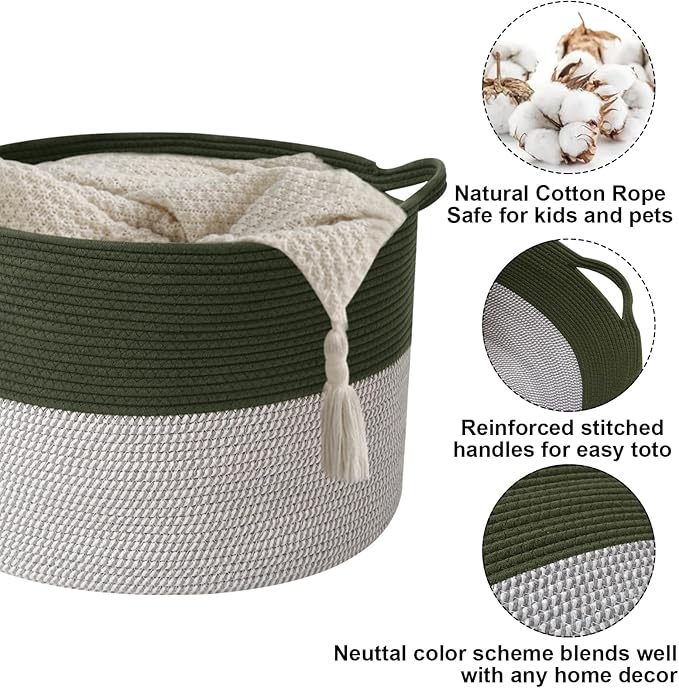 Large Storage Basket with Handle,19.7" L x 19.7" W x 13" H Blanket Basket Storage Bins for Organizing,65L Cotton Rope Woven Baskets for Living Room, Nursery ,Bedroom,Green&White