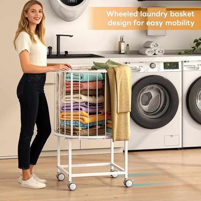 29-Gallon(110 L) Laundry Basket with Wheels,Rolling Round Metal Laundry Basket Cart with Elastic Cord,2 Locking Wheels-White