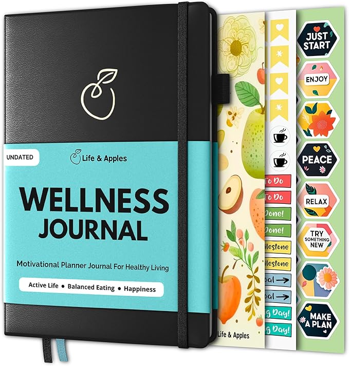 Life & Apples Daily Wellness Journal - Guided Journal & Planner for Wellbeing, Gratitude & Healthy Routines | Food & Fitness Journal, Habit Tracker, Weight Loss Diary | Undated A5 Black